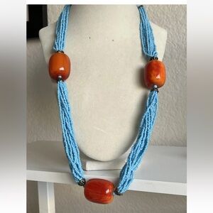 Vtg Bohemian Blue Seed Bead Multi  Strand Necklace Acrylic Chunky 24”
